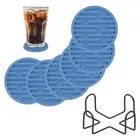 6 Pcs Round Drink Coasters with Holder, 4" Silicone Coaster, Dark Blue(Stripes)