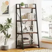 Industrial Ladder Shelf Bookcase, 4 Tier Rustic Ladder Bookshelf, Standing