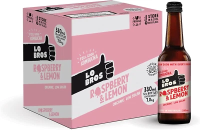 Lo Bros Organic Kombucha Raspberry & Lemon Drink 330Ml X 12 Pack