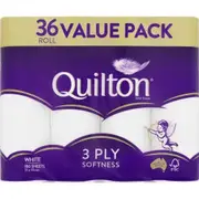 Quilton 3 Ply Toilet Tissue (180 Sheets per Roll, 11 x 10cm), Pack of 36