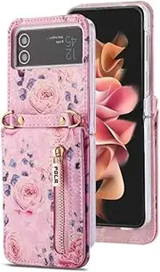 Crossbody Flower Case for Samsung Galaxy Z Flip 4 Flip 3 Flip5 Cute Detachable Lanyard Women Zipper Card Slot Phone Cover,Pink,for Samsung Z Flip 4