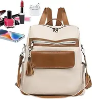 [Bsbkoj] Women Bag Large Capacity, PU Leather Bookbag, College Bookbag For Women, Tassel Zipper Pendant Bag 34x16x35cm/13.39x6.3x13.78 Inches Lightweight Work Bag, Large Capacity Backpack, Beige, Refer to