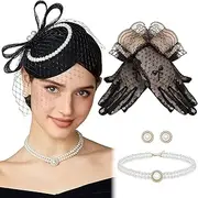 [BABEYOND] Fascinators Hat for Women - 4Pcs Tea Party Headwear and Gloves Kentucky Wedding Pillbox Headband with Jewelry Set