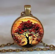 Red and Gold Tree Glass Dome Necklace