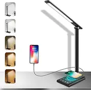 LED Desk Lamp with Fast Wireless Charger & USB Charging Port, 12W Table Lamp with 35 Adjustable Light Choices, Touch Control & Memory Function, Led Desk Light for Home Office, Reading,Studying (Black)