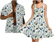 [JOAIFO] Hawaii Matching Couple Outfits Husband and Wife Clothing Fashionable Mens Casual Shirts Hawaii Dress with Soft Fabric, Blue Leaf, Large