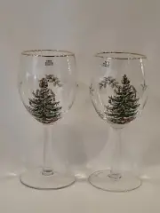Set of 2 Brand New Spode Christmas Tree Wine Glasses Santa Tree Topper 7.5" tall