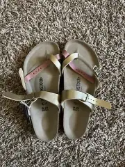 NEW Birkenstock Mayari Two Tone Gold/Rose Birko Flor/Suede Leather Size 39 Wide