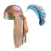 Durags and Bonnets 2pcs/Set for Men Women 360 Wave, Long Tail Silky Doo rag a...