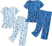 [PNAEONG] 2 Pack Women's Cotton Pajama Sets Short Sleeve Sleepwear Tops with Capri Pants Summer Loungewear Pj Sets S-3XL