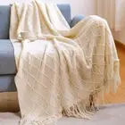 127x172cm Beige Knitted Throw Blanket Soft Tassel Sofa Bed Couch Zig Zag Texture