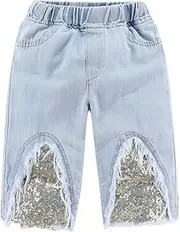 [Mud Kingdom] Girls Denim Capri Shorts Sparkly Sequin Fashion Wide Leg 2-7Y Ripped