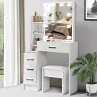 With 10 LED Bulbs Mirror & 4 Drawers Cushion Stool Vanity Make up Dresser Table