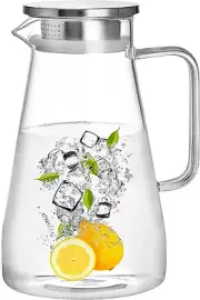 56Oz Glass Pitcher with Lid Iced Tea Pitcher Water Jug Hot Cold Water Wine Coffe