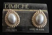 Vintage Dimiché Bronze Colored Teardrop W/ Silver Oval Centered Studded Earrings