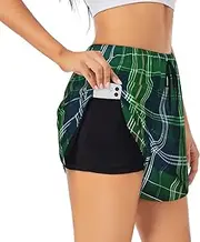 [WURTON] Blue Scottish Tartan Print Exercise Gym Workout Shorts Women's Athletic Shorts Dual-Layered Yoga Running Shorts