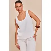 Cream Textured Waffle Scoop Neck Longline Top, Cream