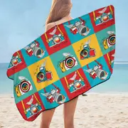 Multi Colored Retro Cameras and Birds Microfiber Beach Towel