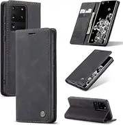 [owlhold] Samsung S20 Ultra Flip Case Premium Leather Case Soft Vintage Nubuck Leather Foldable Stand Protective Case Card Slot Stand Function Flip Case Samsung Galaxy S20 Ultra 5G - Black