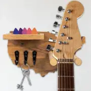 Wall Mount Guitar Hanger Shelf with Pick Holder and 3 Hooks - walnut wood Gui...