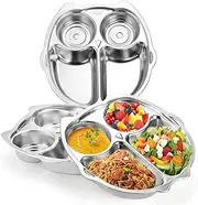 Noamus 3 Pack Stainless Steel Divided Plates, 4 Sections 304 Dinner Platter, Diet Portion Control Tray, 9 Inch Owl Shape Meal Plate for Adult Children Picky Eaters, Camping Dish Lunch Snack