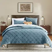 Velvet Quilt Set King Size, Light Blue Luxury Velvet Comforter Set 3 Pieces