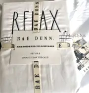 Rae Dunn Relax Pillowcases Embroidered Set of 2 Standard White Cotton Percale