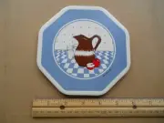 Vtg octagonal blue ceramic tile, trivet by Rose Kennedy. Brown pitcher. Apples
