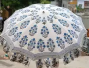 White And Blue Umbrella For Wedding Block Print Handmade Cotton Patio