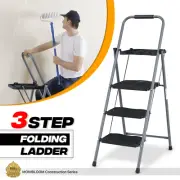 [TOOL TRAY]Heavy Duty 3 Step Folding Ladder w/Safety Buckle Lock+Anti-Slip Pedal