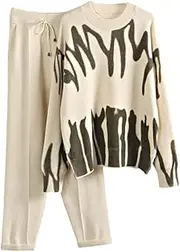 [Generic] Women Spring Winter Sweater Tracksuit Casual Warm Crewneck Print Knitted Pullover Tops Oversized Harem Pant Suits