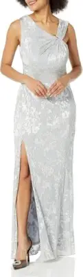 Aidan Mattox Asymmetric Neckline Pleated Foil Gown Women's 12 Silver Front Slit