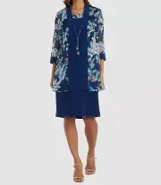 R&M Richards Women's Blue Jacquard Necklace Jacket & Dress Set Size 8