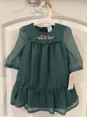 Carter's 12M Girls 2Pc Set Toddler Green Floral Embroidery Tiered Dress Bloomer