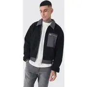 Mens Tall Boxy Borg And Nylon Collared Bomber Jacket In Black