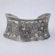 Vintage Indonesian Hand Etched Elephant Cuff Bracelet in Sterling Silver