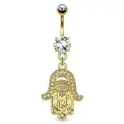 Belly Button Ring Hamsa Gem Paved Dangle 14kt Gold Plated Navel Ring