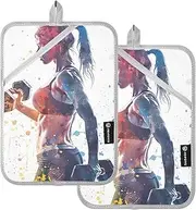 Gym Woman with Dumbbells 2 PCS Pots Holder Potholder with Loop Kitchen Hot Pads Sets