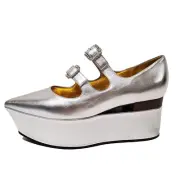 GUCCI SHOES SILVER LEATHER CUT OUT WEDGE PUMP CRYSTAL BUCKLES $1,450 sz 39 9