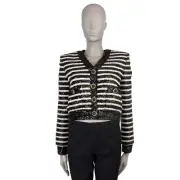 71060 auth BALMAIN black white 2024 STRIPED SEQUIN CROPPED Jacket 36 XS