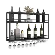 Industrial Wall Mounted Wine Rack, 2-Tier Wood Wine Bottle Shelf with Stemwar...