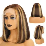 P4/27 Highlight Bob Wig Human Hair 13x4 Frontal Lace Wig 180% Density Brown W...