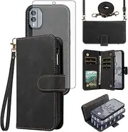 Asuwish Phone Case for Nokia X30 5G Zipper Wallet Detachable Magnetic Cell Cover with Tempered Glass Screen Protector Crossbody Lanyard Shoulder Wrist Strap Flip Card Holder Slot X 30 Women Men Black