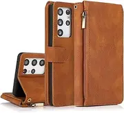 [GoshukunTech] for Samsung Galaxy S21 Ultra 5G Case,for Galaxy S21 Ultra Wallet Case[ 8 Card Slots & 1 Zipper Coin Purse] Leather Wallet Flip Cover with Wrist Starp-Brown