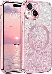 DUEDUE Magnetic Case for iPhone 14, Glitter Cover Cute Bling Sparkle for Women and Girls [Compatible with MagSafe], Shockproof Slim iPhone 14 Cover 6.1'', Gradient Pink