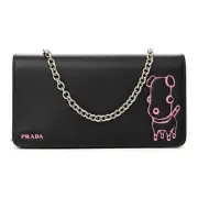 PRADA Pradamalia character black & pink Saffiano leather chain wallet authentic