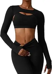 [Adigau] Women Long Sleeve Workout Shrugs Crop Tops with Thumb Holes Round Neck Cover Up Top Breathable Soft Cropped Shirt for Yoga Workout Gym Running