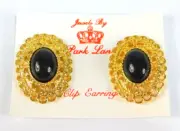 Vtg PARK LANE Black Lucite Cabochon Gold Tone Filigree Oval Clip On Earrings NEW