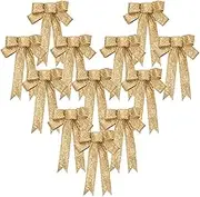 Christmas Ribbon Bows 12Pcs Golden Bowknot Glitter Xmas Tree Bows Hanging Ornaments for Craft DIY Christmas Wreaths Wedding Holiday Party Wall Table House Decoration Presents Gift Wrapping Supplies