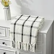 CREVENT127x152cm Farmhouse Breathable Soft and Warm Chenille Throw Blanket for Sofa Couch Bed, Home Decoration Throw with Tassles (Black & White)